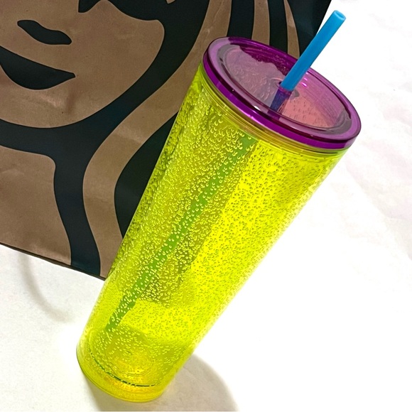Starbucks Neon Yellow Bubble Cold Cup Tumbler with Straw 24oz Yellow/Purple/Blue - Picture 5 of 10
